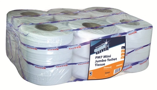 Picture of Clean and Clever 60088 PM7 Mini Jumbo Toilet Rolls 76mm Core (3") 2 Ply- White