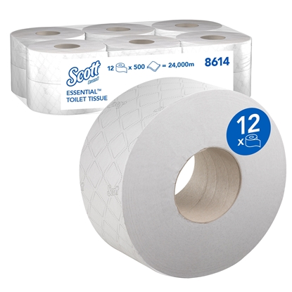 Picture of Kimberly Clark 8614 Scott Toilet Tissue Jumbo White 76mm (3" Core) 2 Ply- 12 White Rolls