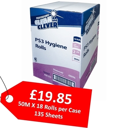 Picture of Clean and Clever PS3 10" 50m White Hygiene Wiper Roll 2-Ply 18 Rolls 135 Sheets - CLEARANCE SALE