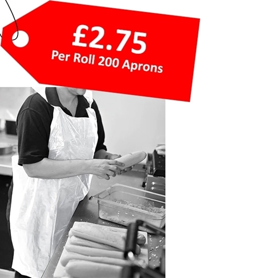 Picture of White Standard Length PE Disposable Apron One Size (69x107cm) 200 per roll - CLEARANCE SALE